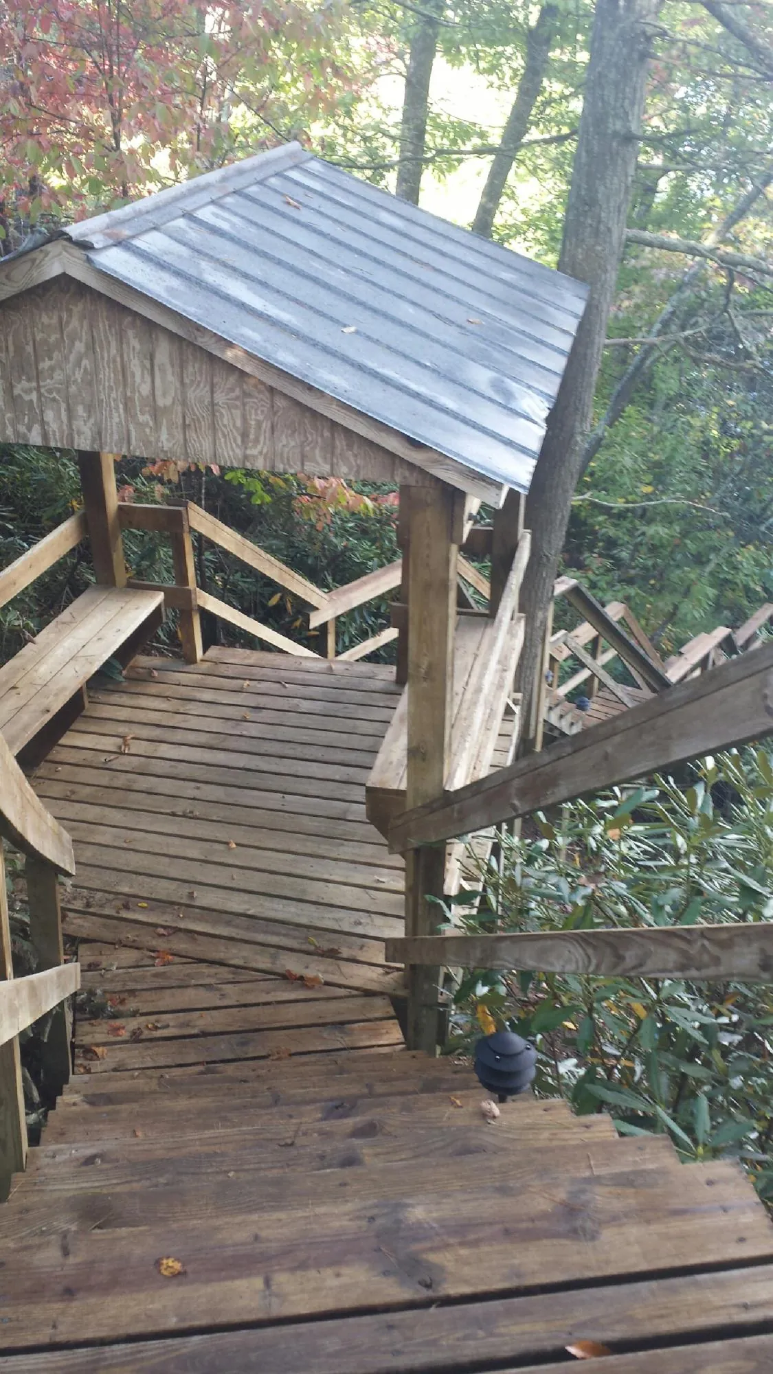 Metal roofed shelter over wooden steps on a wooded walkway — Skylight Repair & Installation work by our crew in Gravity